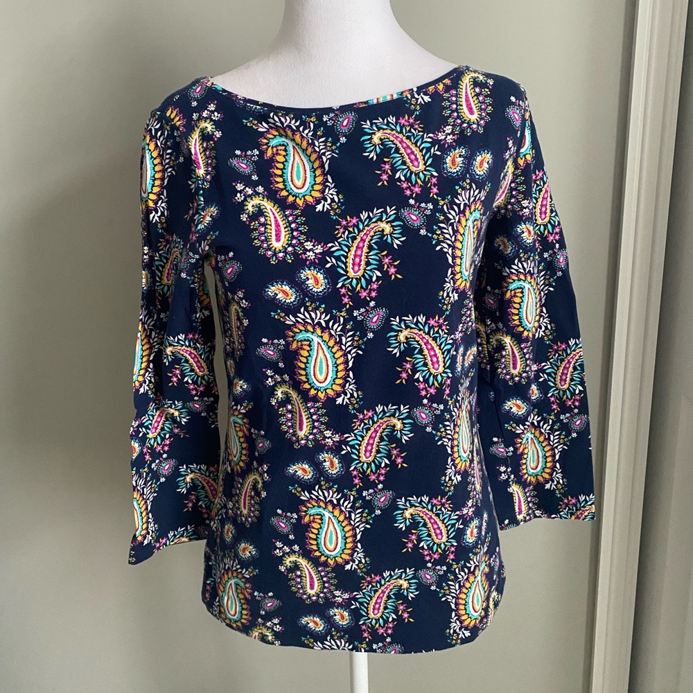 Talbots Navy Paisley Boatneck Tee 3/4 Length Sleeve